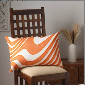 Cotton Slub Pillow With Print And Embroidery (Color: Orange)