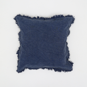Stonewashed Linen Throw Pillow With Handworked Edges Fringe -22X22in. (Option: Indigo)
