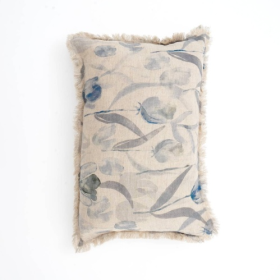 Linen Printed Lumbar With Fringes  Blue & Grey (Color: Blue)