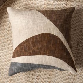 Handcrafted Cotton Slub Abstract Printed Square Pillow (Color: Khaki)